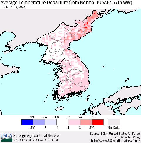 Korea Average Temperature Departure from Normal (USAF 557th WW) Thematic Map For 6/12/2023 - 6/18/2023