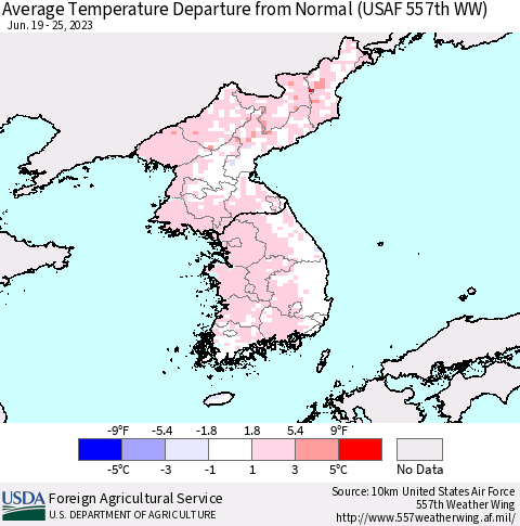 Korea Average Temperature Departure from Normal (USAF 557th WW) Thematic Map For 6/19/2023 - 6/25/2023