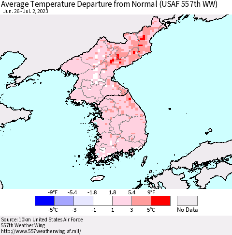 Korea Average Temperature Departure from Normal (USAF 557th WW) Thematic Map For 6/26/2023 - 7/2/2023