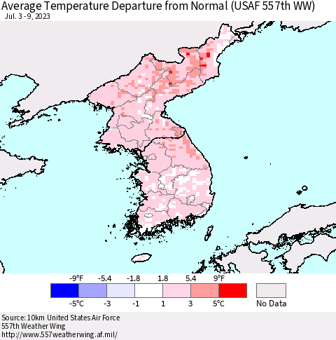 Korea Average Temperature Departure from Normal (USAF 557th WW) Thematic Map For 7/3/2023 - 7/9/2023