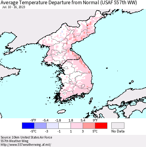 Korea Average Temperature Departure from Normal (USAF 557th WW) Thematic Map For 7/10/2023 - 7/16/2023