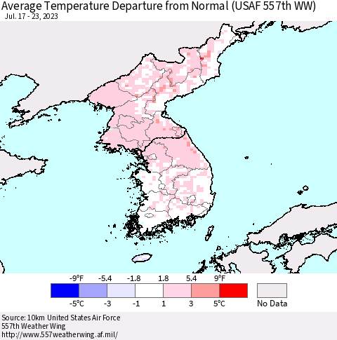 Korea Average Temperature Departure from Normal (USAF 557th WW) Thematic Map For 7/17/2023 - 7/23/2023