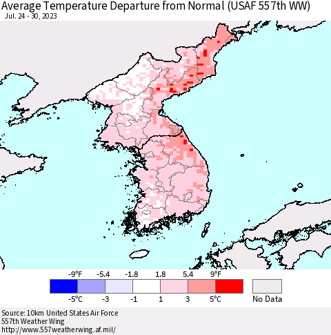 Korea Average Temperature Departure from Normal (USAF 557th WW) Thematic Map For 7/24/2023 - 7/30/2023