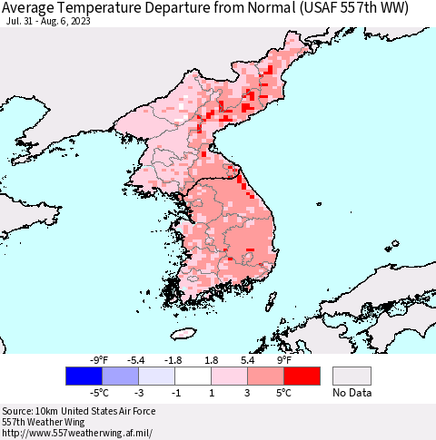 Korea Average Temperature Departure from Normal (USAF 557th WW) Thematic Map For 7/31/2023 - 8/6/2023