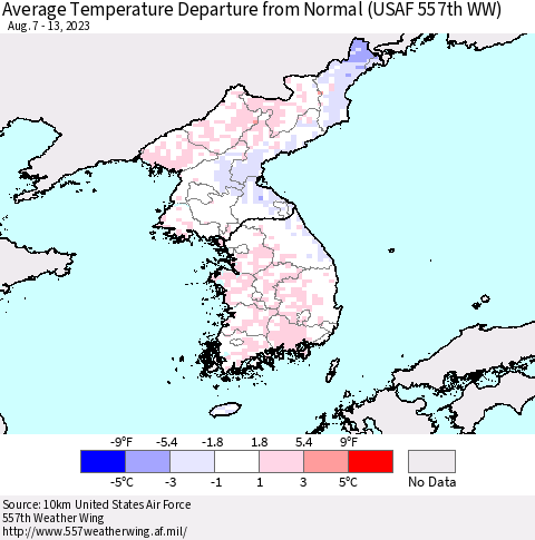Korea Average Temperature Departure from Normal (USAF 557th WW) Thematic Map For 8/7/2023 - 8/13/2023