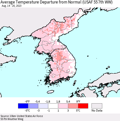 Korea Average Temperature Departure from Normal (USAF 557th WW) Thematic Map For 8/14/2023 - 8/20/2023
