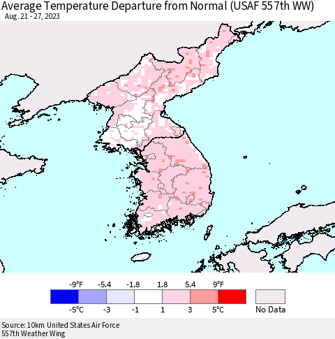 Korea Average Temperature Departure from Normal (USAF 557th WW) Thematic Map For 8/21/2023 - 8/27/2023