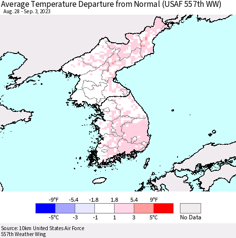 Korea Average Temperature Departure from Normal (USAF 557th WW) Thematic Map For 8/28/2023 - 9/3/2023
