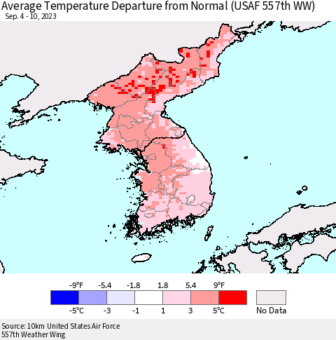 Korea Average Temperature Departure from Normal (USAF 557th WW) Thematic Map For 9/4/2023 - 9/10/2023