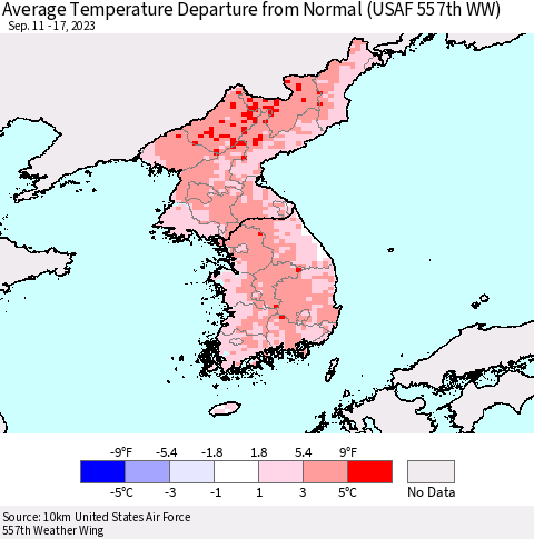 Korea Average Temperature Departure from Normal (USAF 557th WW) Thematic Map For 9/11/2023 - 9/17/2023