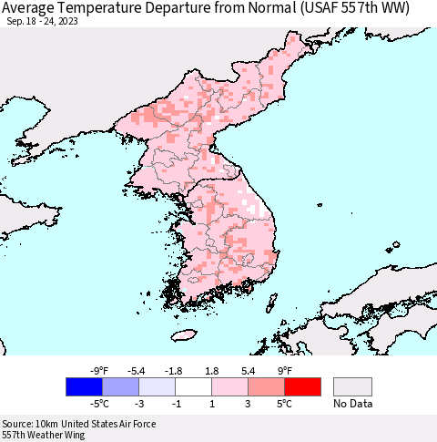 Korea Average Temperature Departure from Normal (USAF 557th WW) Thematic Map For 9/18/2023 - 9/24/2023