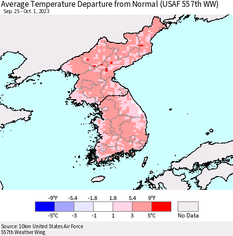 Korea Average Temperature Departure from Normal (USAF 557th WW) Thematic Map For 9/25/2023 - 10/1/2023