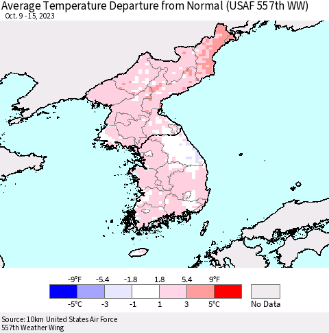 Korea Average Temperature Departure from Normal (USAF 557th WW) Thematic Map For 10/9/2023 - 10/15/2023