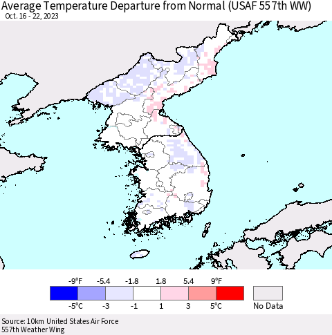 Korea Average Temperature Departure from Normal (USAF 557th WW) Thematic Map For 10/16/2023 - 10/22/2023