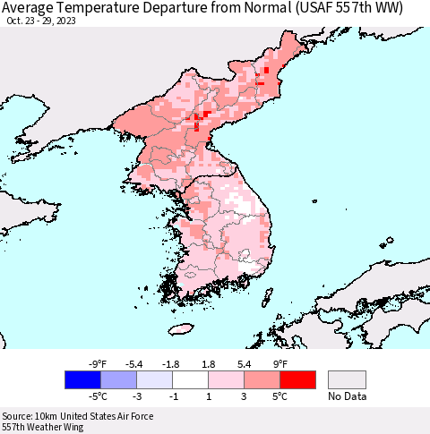Korea Average Temperature Departure from Normal (USAF 557th WW) Thematic Map For 10/23/2023 - 10/29/2023