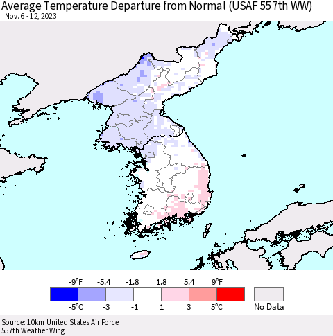 Korea Average Temperature Departure from Normal (USAF 557th WW) Thematic Map For 11/6/2023 - 11/12/2023