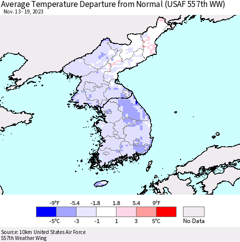 Korea Average Temperature Departure from Normal (USAF 557th WW) Thematic Map For 11/13/2023 - 11/19/2023