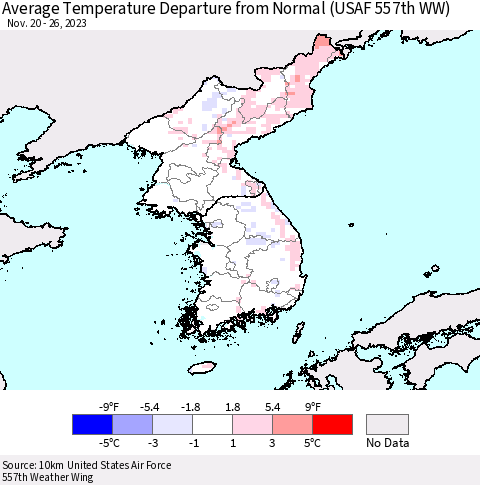 Korea Average Temperature Departure from Normal (USAF 557th WW) Thematic Map For 11/20/2023 - 11/26/2023