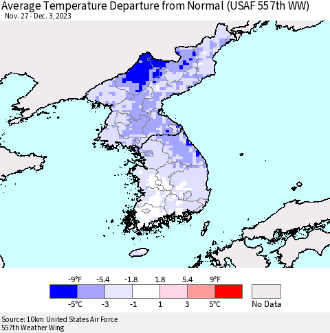 Korea Average Temperature Departure from Normal (USAF 557th WW) Thematic Map For 11/27/2023 - 12/3/2023