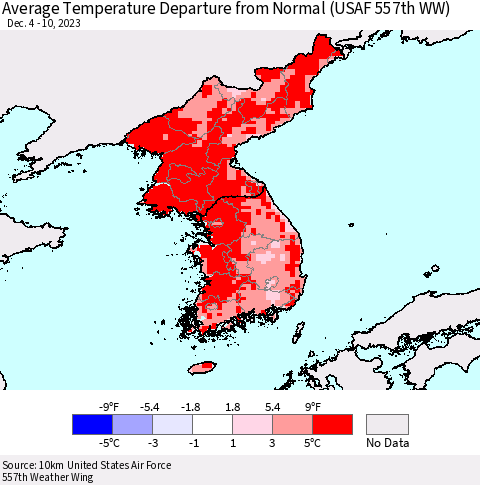 Korea Average Temperature Departure from Normal (USAF 557th WW) Thematic Map For 12/4/2023 - 12/10/2023