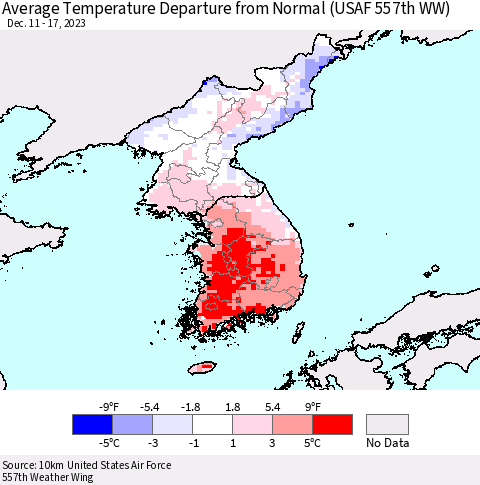 Korea Average Temperature Departure from Normal (USAF 557th WW) Thematic Map For 12/11/2023 - 12/17/2023
