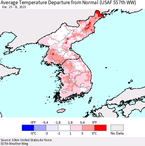 Korea Average Temperature Departure from Normal (USAF 557th WW) Thematic Map For 12/25/2023 - 12/31/2023