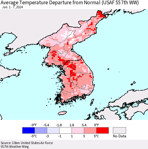 Korea Average Temperature Departure from Normal (USAF 557th WW) Thematic Map For 1/1/2024 - 1/7/2024