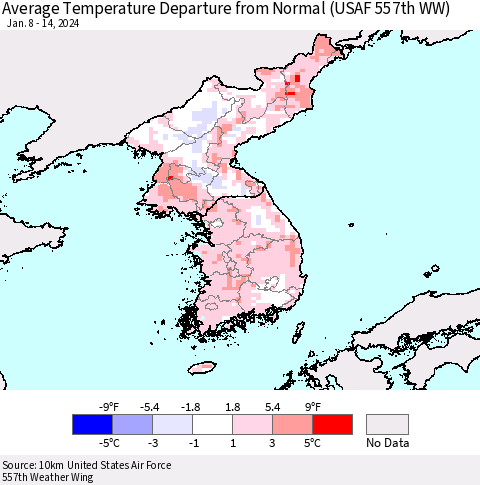 Korea Average Temperature Departure from Normal (USAF 557th WW) Thematic Map For 1/8/2024 - 1/14/2024