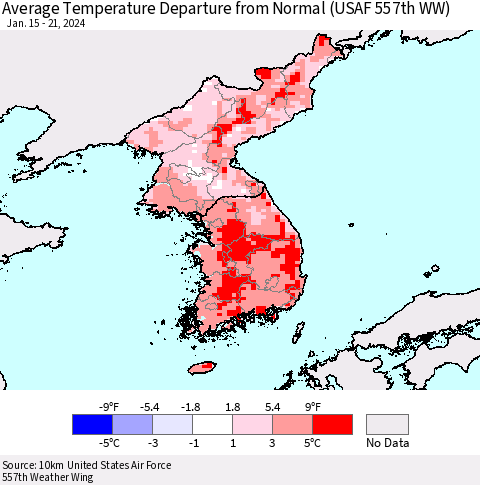Korea Average Temperature Departure from Normal (USAF 557th WW) Thematic Map For 1/15/2024 - 1/21/2024