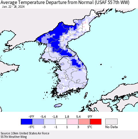 Korea Average Temperature Departure from Normal (USAF 557th WW) Thematic Map For 1/22/2024 - 1/28/2024