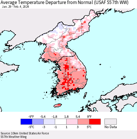 Korea Average Temperature Departure from Normal (USAF 557th WW) Thematic Map For 1/29/2024 - 2/4/2024