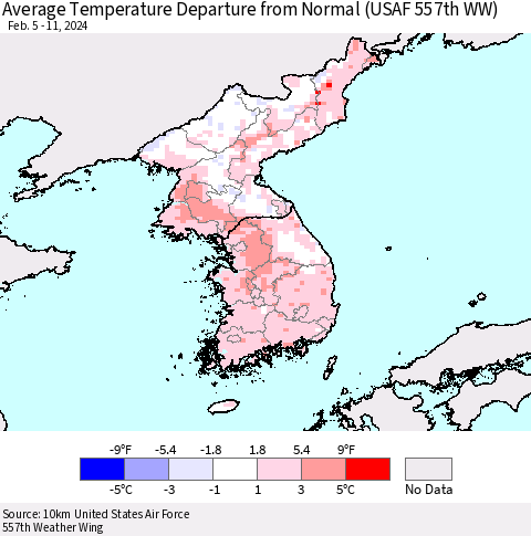 Korea Average Temperature Departure from Normal (USAF 557th WW) Thematic Map For 2/5/2024 - 2/11/2024