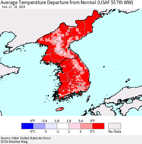 Korea Average Temperature Departure from Normal (USAF 557th WW) Thematic Map For 2/12/2024 - 2/18/2024