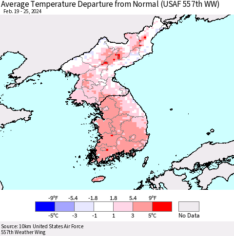 Korea Average Temperature Departure from Normal (USAF 557th WW) Thematic Map For 2/19/2024 - 2/25/2024