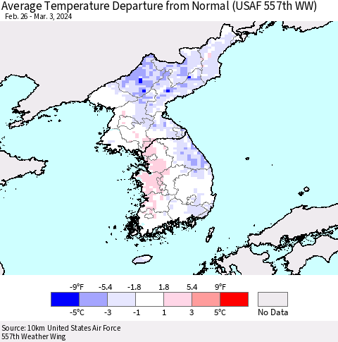 Korea Average Temperature Departure from Normal (USAF 557th WW) Thematic Map For 2/26/2024 - 3/3/2024