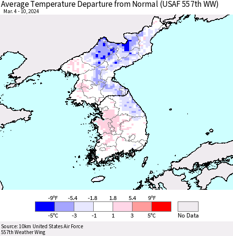 Korea Average Temperature Departure from Normal (USAF 557th WW) Thematic Map For 3/4/2024 - 3/10/2024