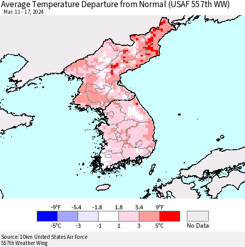Korea Average Temperature Departure from Normal (USAF 557th WW) Thematic Map For 3/11/2024 - 3/17/2024