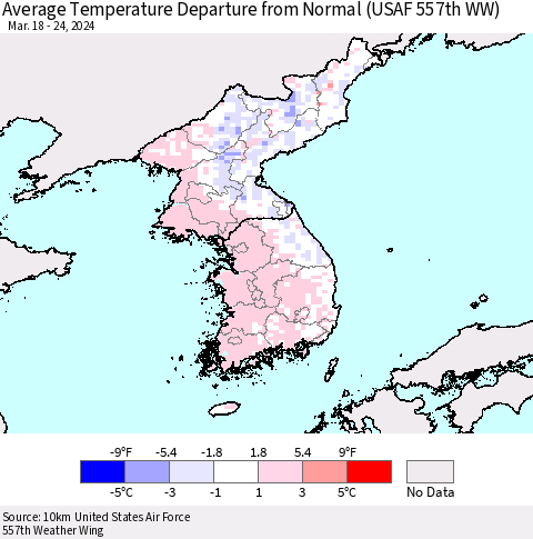 Korea Average Temperature Departure from Normal (USAF 557th WW) Thematic Map For 3/18/2024 - 3/24/2024