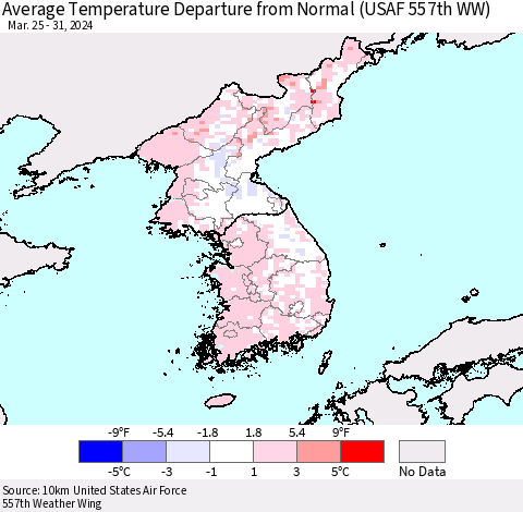 Korea Average Temperature Departure from Normal (USAF 557th WW) Thematic Map For 3/25/2024 - 3/31/2024