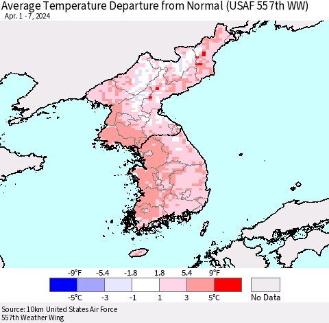 Korea Average Temperature Departure from Normal (USAF 557th WW) Thematic Map For 4/1/2024 - 4/7/2024