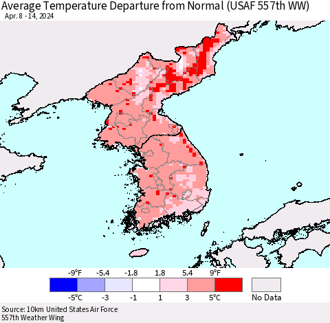 Korea Average Temperature Departure from Normal (USAF 557th WW) Thematic Map For 4/8/2024 - 4/14/2024