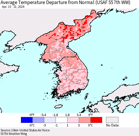 Korea Average Temperature Departure from Normal (USAF 557th WW) Thematic Map For 4/15/2024 - 4/21/2024
