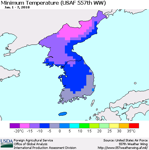 Korea Mean Minimum Temperature (USAF 557th WW) Thematic Map For 1/1/2018 - 1/7/2018
