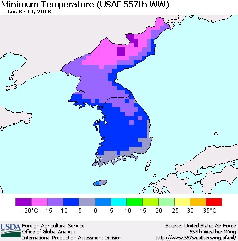Korea Mean Minimum Temperature (USAF 557th WW) Thematic Map For 1/8/2018 - 1/14/2018
