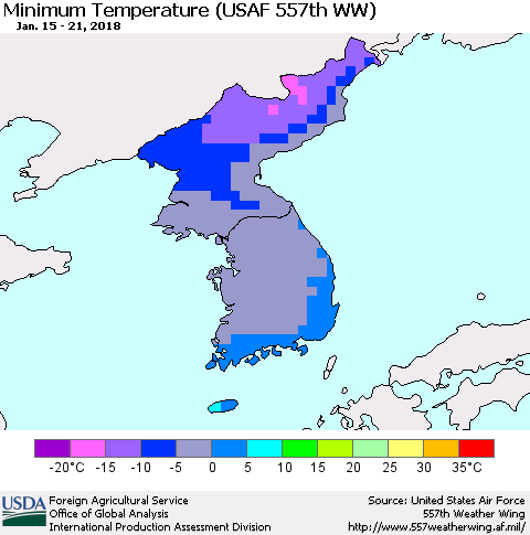 Korea Mean Minimum Temperature (USAF 557th WW) Thematic Map For 1/15/2018 - 1/21/2018