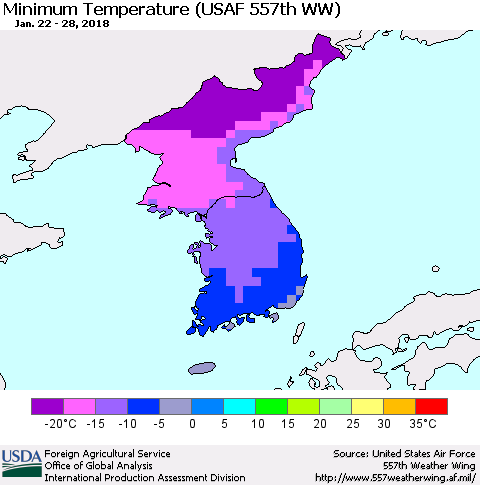 Korea Mean Minimum Temperature (USAF 557th WW) Thematic Map For 1/22/2018 - 1/28/2018