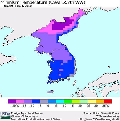 Korea Mean Minimum Temperature (USAF 557th WW) Thematic Map For 1/29/2018 - 2/4/2018