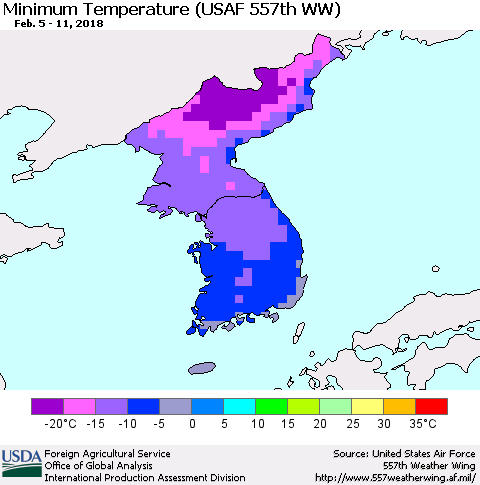 Korea Mean Minimum Temperature (USAF 557th WW) Thematic Map For 2/5/2018 - 2/11/2018