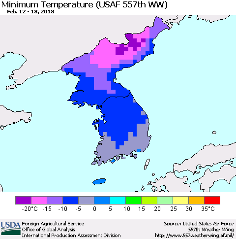 Korea Mean Minimum Temperature (USAF 557th WW) Thematic Map For 2/12/2018 - 2/18/2018
