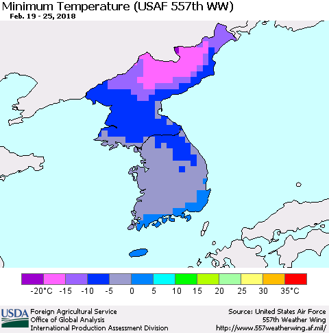 Korea Mean Minimum Temperature (USAF 557th WW) Thematic Map For 2/19/2018 - 2/25/2018